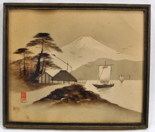 Antique Asian Painting Lakescape With Boats