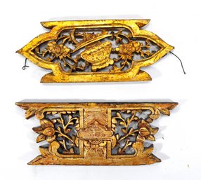 Pair Antique Gilt Carved Wood Panels With Flowers