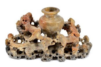 Beautiful Vintage Asian Carved Stone Vase With Mythical Creatures Figures