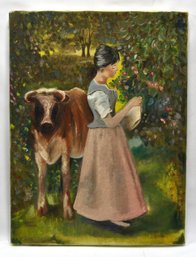 Vintage Oil Painting Girl & Cow- Signed