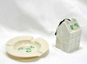 Vintage Belleek Irish Porcelain Hand Painted Shamrock Bell And Ashtray