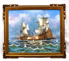 Jacques Harvey (1939) Two Ships During A Cannon Battle Oil Painting