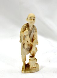 Antique Japanese Okimono Hand Carved Man With Fish