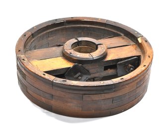 Antique 18' Primitive Steampunk Industrial Solid Wood & Cast Iron Flat Pulley Wheel