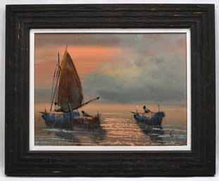 Vintage Oil Painting Fishing Boats In Sunset - Signed