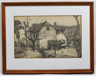 Antique Original Homestead Pencil Drawing