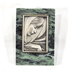 Vintage Green Stone With Silver Plaque Paperweight- Spain