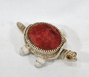 Vintage Nodding Turtle Wagging Head & Tail Pin Cushion Rhinestone Eyes