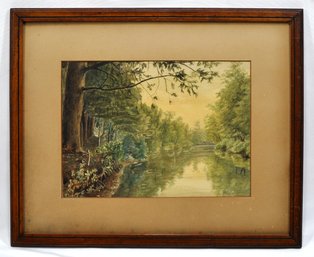 Antique Riverscape Watercolor Painting