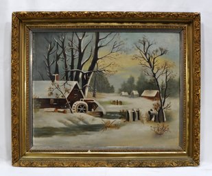 Antique 19th Century Folk Art Winter Landscape Oil Painting