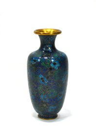 Vintage Chinese Blue Cloisonne Enamel Vase With Wood Stand