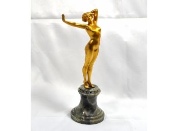 Antique Gilt Bronze Girl Nude Sculpture Marble Base