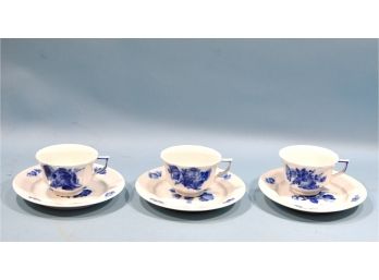 Set 3 Royal Copenhagen Denmark White & Blue Cups & Saucers