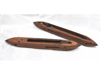 Lot 2 Original Antique Wooden Weaving Shuttle Spindle Boats - Marked