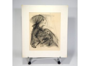 Vintage Mother & Child Charcoal Drawing Signed