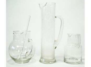 Lot Of 3 Ice Lip Glass Pitchers And Glass Stirrer