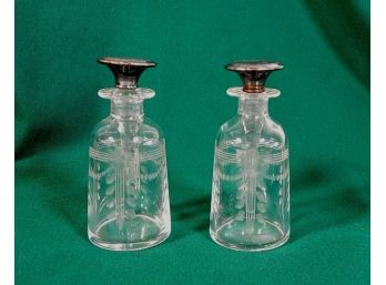 Pair Vintage Etched Glass & Sterling Perfume Bottles