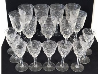 Set Of 9 Crystal Etched Wine Goblets & Cordials