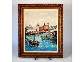 Original Vintage SEIGMAN Harbor Scene Oil Painting