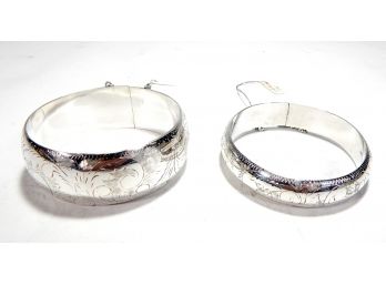 Lot 2 Vintage Sterling Silver Bracelets With Safety Chain Floral Chased Design