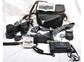 Vintage Camera Lot Asahi Pentax K-1000, Kodak, Accessories