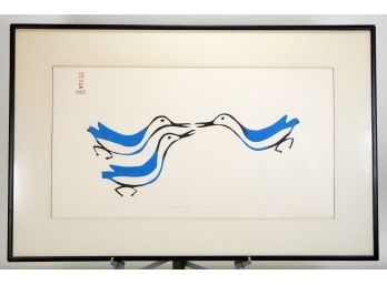 Large Original 1961 L/E Etching 'Three Blue Birds' Signed Inuit Artist