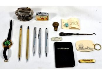 Estate Lot - Cross Pens, Ronson Lighter, Swiss Watch, Scarab Etc