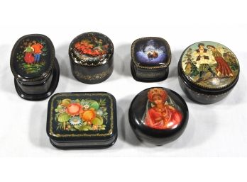 Lot 6 Vintage Russian Hand Painted Lacquered Boxes Signed