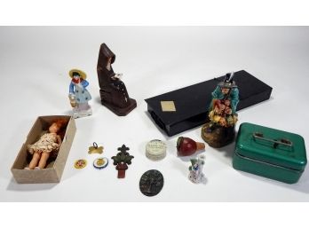 Estate Lot Of Miscellaneous Items - Boxes, Figurines, Dog Tag, Doll Etc.