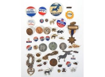 Lot Vintage Political Pins, Badges, Pendants Etc