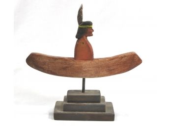 Primitive Wood Carving Indian In Canoe