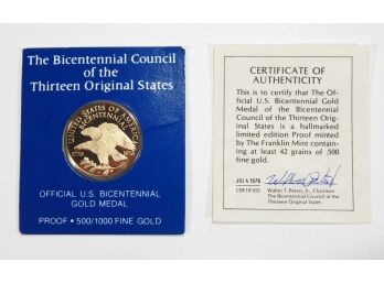 1776-1976 Official US Bicentennial Gold Medal 13 States With Box & COA