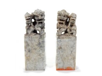 Pair Vintage Chinese Carved Stone Foo Lions Figures Seals