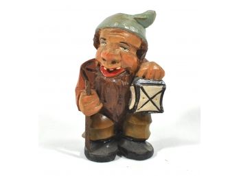 Vintage Gnome With Lantern Wood Carving Schmid-Linder Switzerland With Label