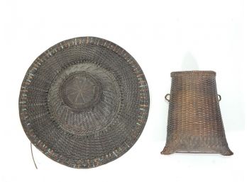 Antique Chinese Woven Hat & Pouch Set