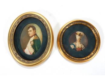 Pair Vintage Hand Painted Oil Portraits On Ivory