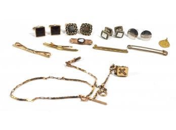 Vintage Men's Jewelry Lot- Cufflinks, Tie Bars, Pocket Watch Chain