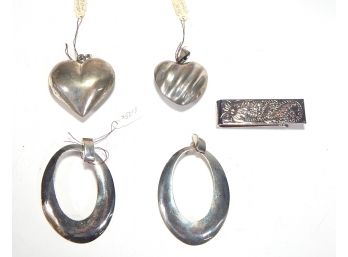 Vintage Sterling Silver Jewelry Lot- Large Earrings, Heart Pendants, Money Clip
