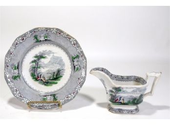 Antique 'Jenny Lind' Olde Hall Potteries Staffordshire Color Transferware Set