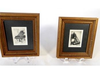 Pair Of Pencil Drawings Musical Instruments, Signed