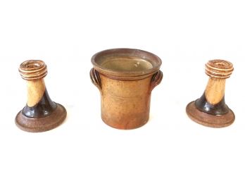 Vintage Pottery Set: Candlesticks & Crock