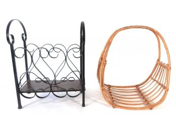 Lot 2 Vintage Magazine Stands One Metal And One Rattan