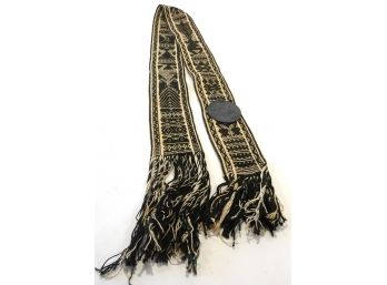 Lot Vintage Textiles: Mexican, Handwoven Belt.  Aztec Calendar Medallion.  2 Mats.