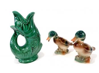 Vintage Dartmouth Pottery Gurgling Fish Pitcher & 2 Porcelain Ducks