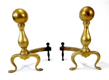 Pair Of Antique Brass Ball Top Andirons