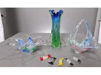 Lot Of Colorful Glass Candy Dishes And Vase