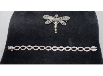 Sterling Silver Marcasite Pin And Bracelet.