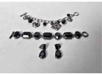 2 Jet Bracelets & Pair Of Jet Clip On Earrings