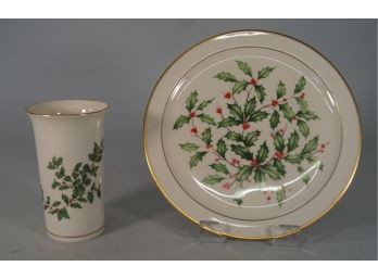 Lenox Holly Berries Serving Platter And Vase
