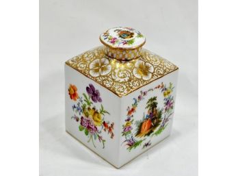 Antique Porcelain Tea Caddy Germany With Flowers & Romantic Scenes